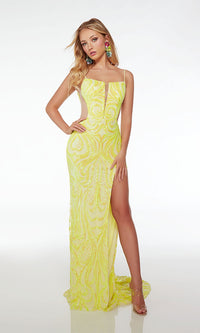 Sheer-Sides Long Yellow Sequin Prom Dress 61552