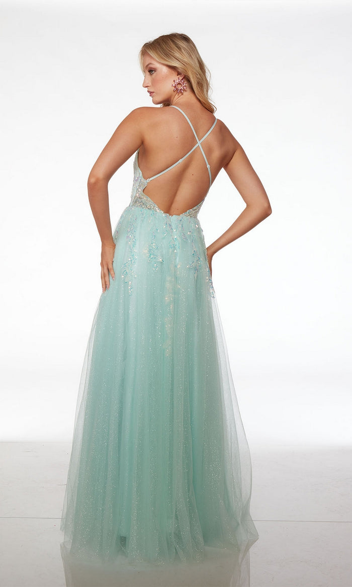 Sheer-Bodice Long Glitter-Tulle Prom Dress 61562