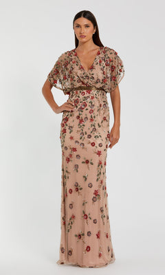 Mac Duggal - Beige Floral Embellished Short Sleeve Blouson Gown - US 6 Mac Duggal - Beige Floral Embellished Short Sleeve Blouson Gown - US 6