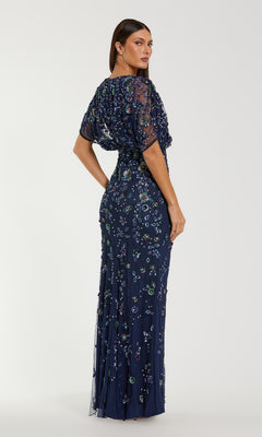 Mac Duggal - Beige Floral Embellished Short Sleeve Blouson Gown