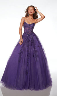 Alyce Sheer-Bodice Corset Glitter Prom Dress 61591