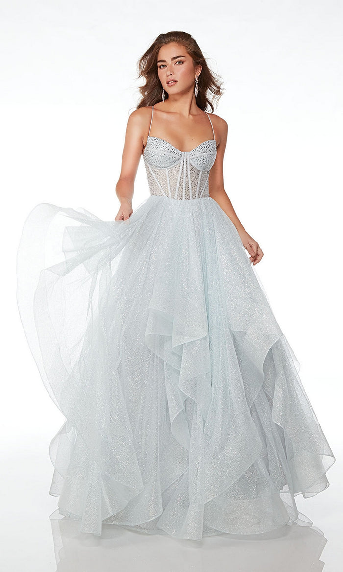 Alyce Long Glitter-Tulle Tiered Prom Dress 61637