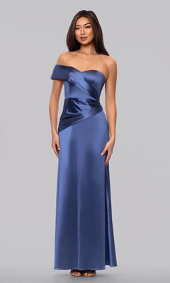 A woman poses against a plain background in the Blondie Nites 6164BN Long Prom Dress, featuring a slate blue, off-the-shoulder design with an asymmetrical satin bodice and a graceful floor-length skirt.