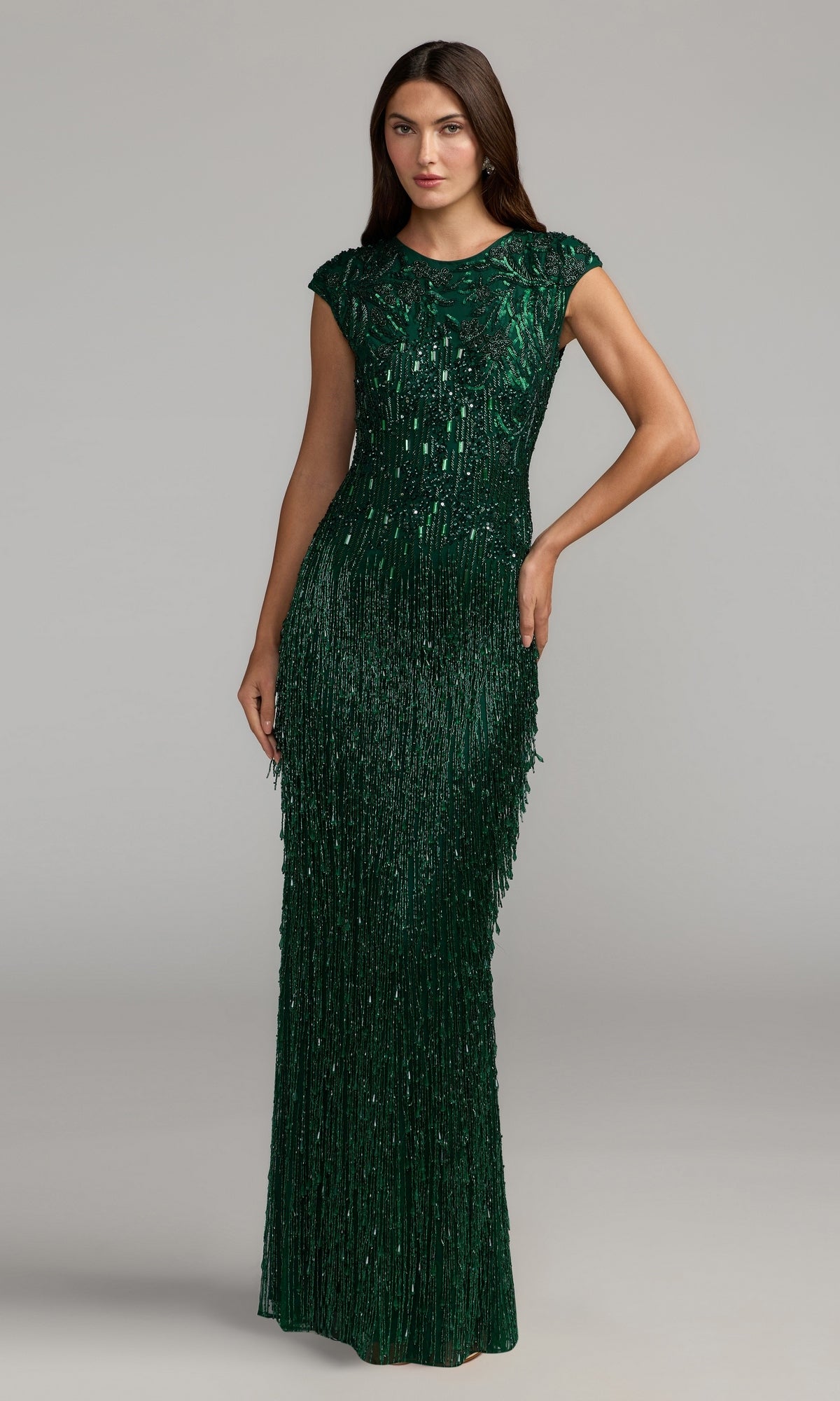 mac duggal green beaded dress - Slate Blue Embellished Cap Sleeve Gown With Fringe Beading 510 tall Granite Lady Black Tie - Coat Size:43 S