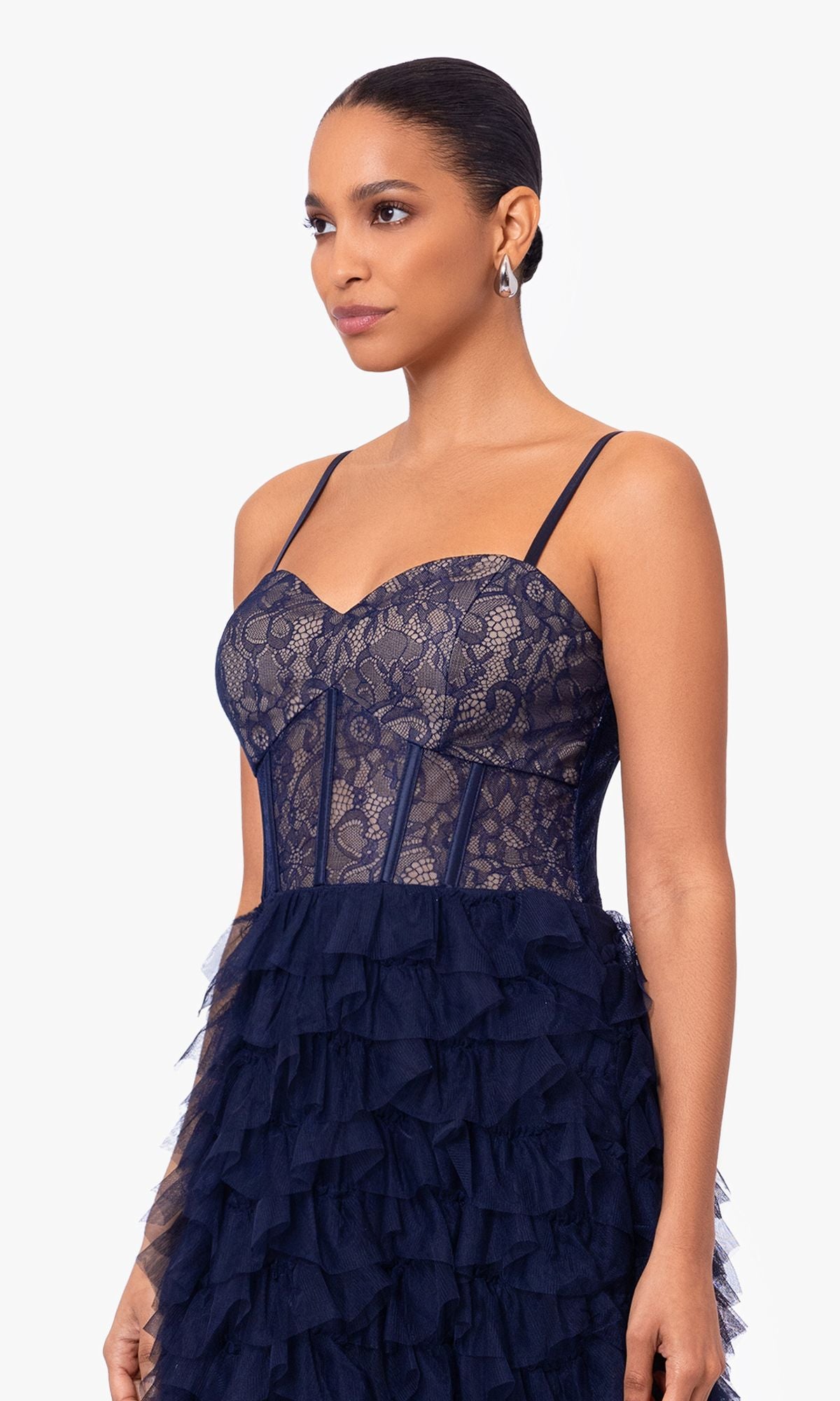 Long Navy Blue Ruffle Prom Dress with Lace Bodice