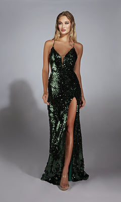 Woman in the Alyce 61765 Sleek Long Sequin Prom Dress with a thigh-high slit and spaghetti straps, paired with nude heels, standing against a plain gray background.