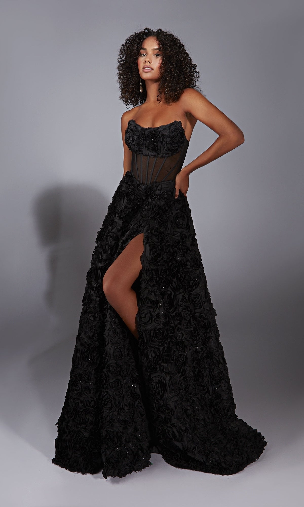 Sheer-Corset Strapless Long Prom Dress with Rosettes – PromGirl