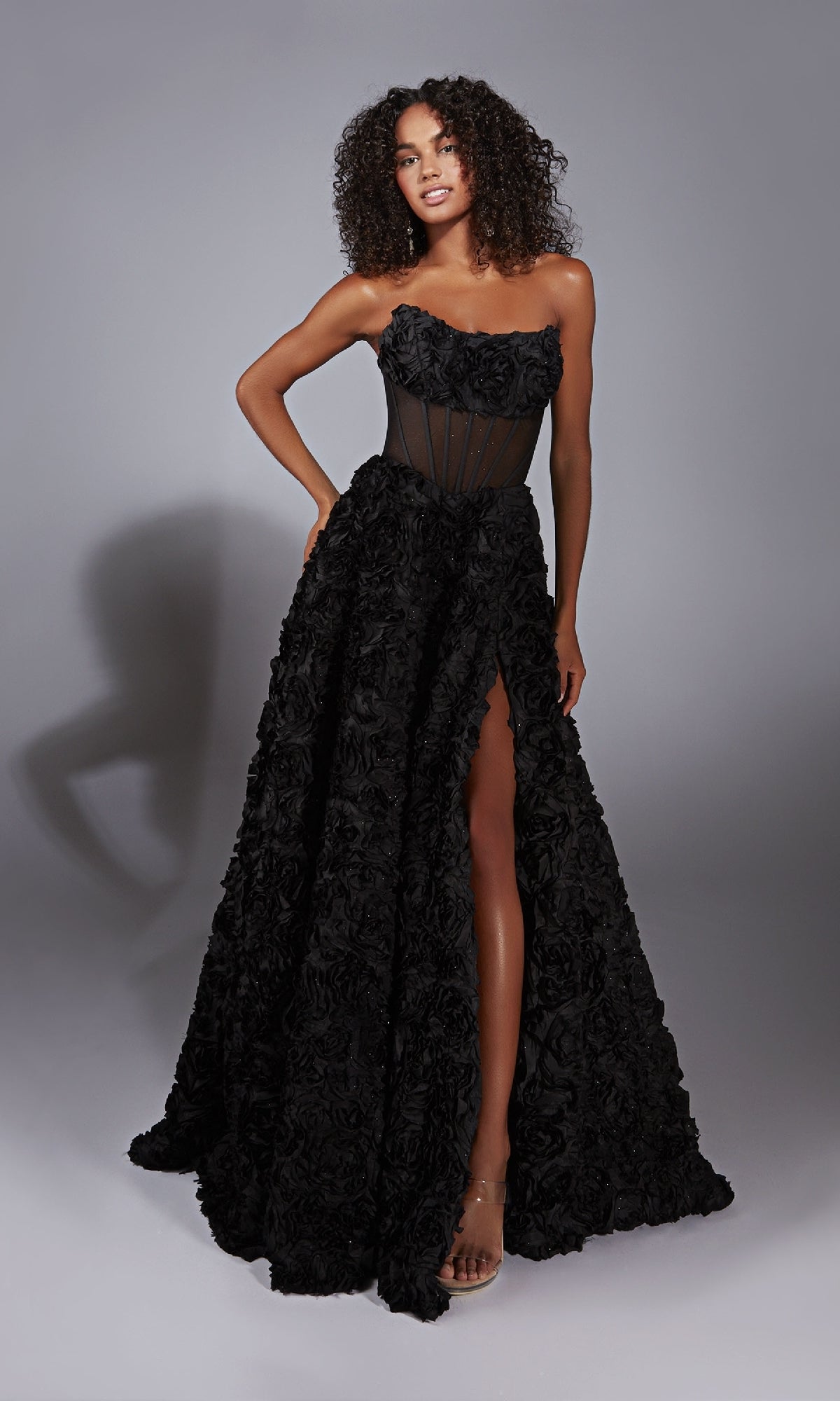 Sheer-Corset Strapless Long Prom Dress with Rosettes– PromGirl
