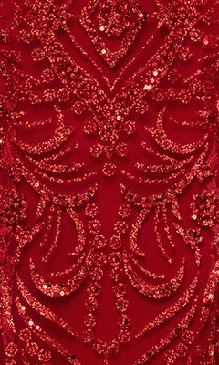 Close-up of red fabric from the Long Prom Dress: Blondie Nites 6177BN, showcasing an intricate pattern of sequins and beads arranged in symmetrical, decorative designs reminiscent of a glitter-mesh prom gown.