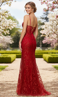 A woman in the Long Prom Dress: Blondie Nites 6177BN—featuring a red sheer corset bodice and lace-up back—stands outdoors on a gravel path, surrounded by manicured gardens and blooming trees.