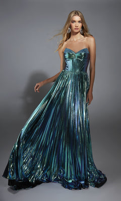 A woman wears the Alyce 61786 Strapless Pleated Metallic Prom Gown in teal and blue, posing elegantly against a gray background.