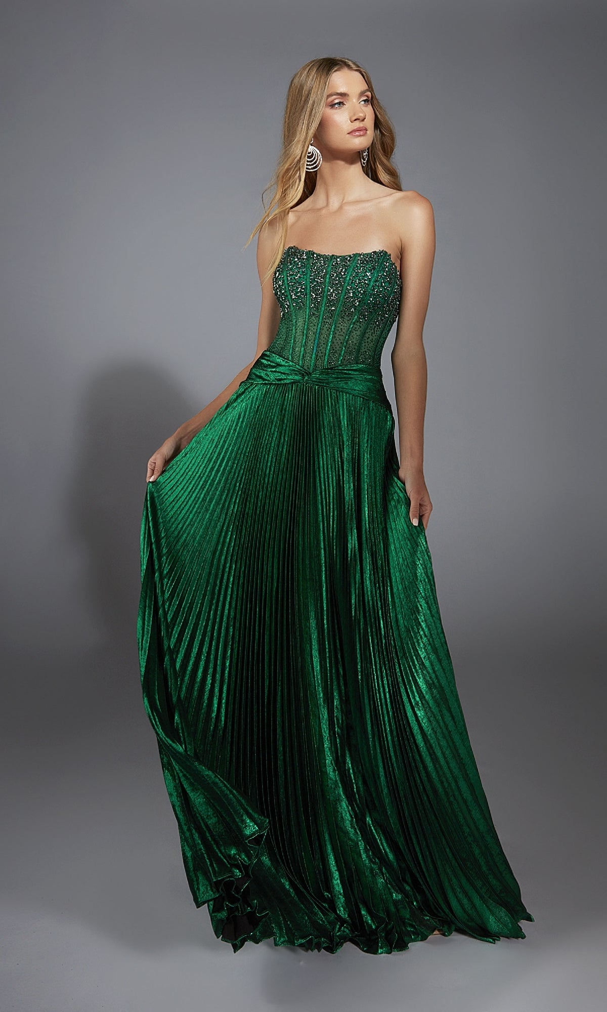 emerald green bustier dress Strapless Long Pleated Prom with Beaded Corset / 12 Größe:Größe 22W Perfect for prom Calvin Klein Green Pencil del:2022-05