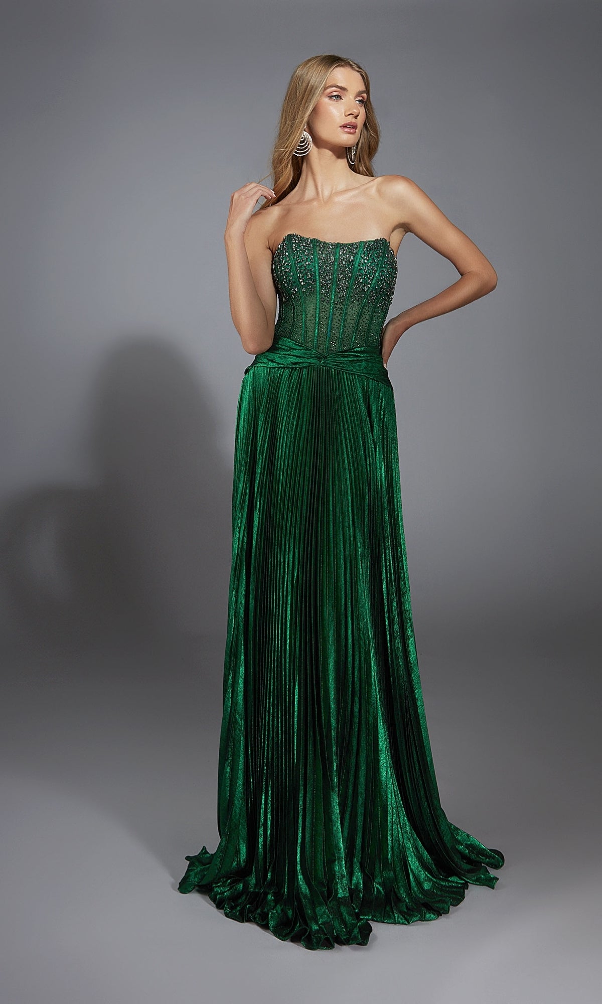 Strapless Long Pleated Prom Dress with Beaded Corset– PromGirl