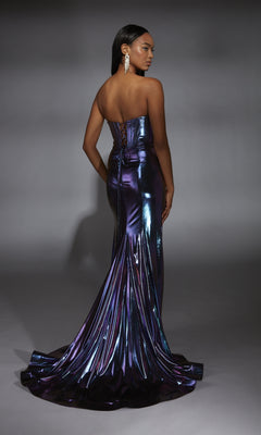 A woman stands facing away against a gray background, wearing the Alyce 61798 Strapless Metallic Long Prom Dress in purple with a long train.