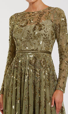 Green sequin dress with long sleeves on a white background