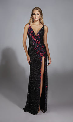 A woman models the Alyce 61841 long prom dress, a sleeveless black sequined gown with a deep V-neck, bold red floral pattern, and high slit, set against a plain gray background.