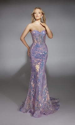 A woman poses in the Alyce 61862, a strapless lilac mermaid prom dress featuring purple and iridescent sequins, against a plain background.