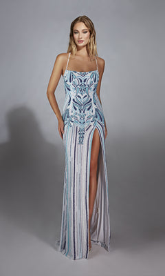 A woman models the Alyce 61868, a floor-length sleeveless prom dress with blue and silver sequins, a square neckline, and high leg slit, standing against a plain gray background.