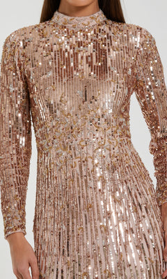 Mac Duggal - Pink Long Sleeve Fringe Embellished Column Gown