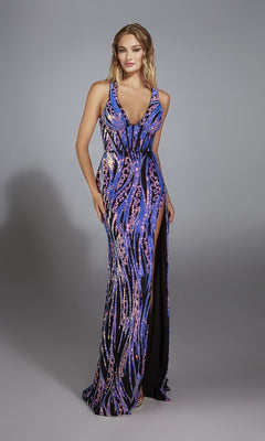 A woman models the Long Prom Dress: Alyce 61897, a sleeveless, floor-length gown with blue, purple, and black abstract sequins, deep V neckline, high slit, and a dramatic corset lace-up back.