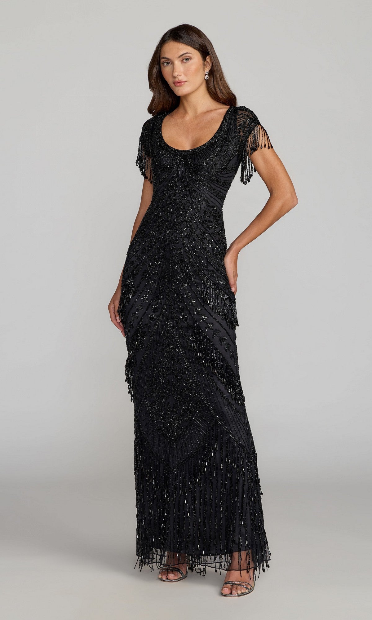formal mac duggal dresses on sale Women's Beaded Mesh Fringe Short Sleeve Column Gown - Black Size:Women's L/XL length hemline Long Sleeve Nordstrom Petite stickers:Pre-Order