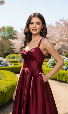 A woman in the Blondie Nites 6192BN long prom dress stands outdoors in a formal garden, surrounded by blooming trees and trimmed hedges, smiling at the camera.