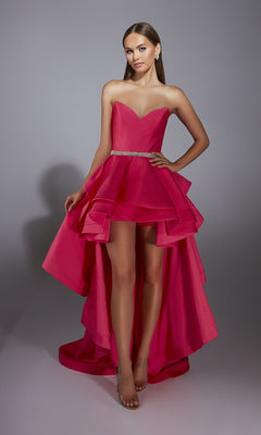 open lace back dress Strapless High Low Beaded Hot Pink Tulle Prom Dress, Pink Dress TP1111 US2 / As Picture main image 1