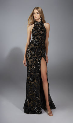 A woman models the Long Prom Dress: Alyce 61979, a sleeveless high-neck gown with sequin details and a high slit, set against a plain gray background.