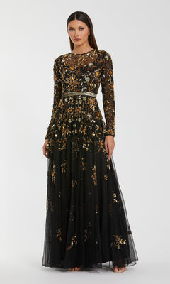 Black evening gown with gold floral embroidery on a white background