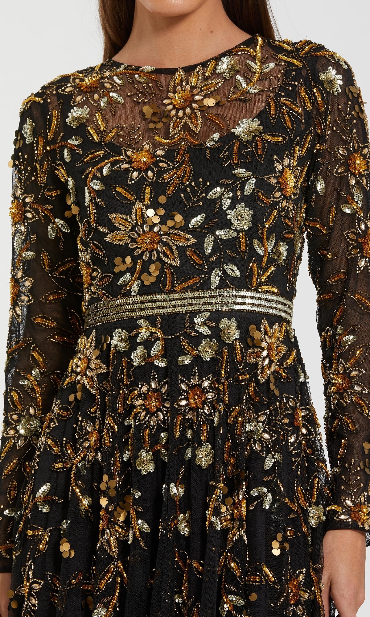 Black dress with gold floral embroidery on a white background