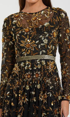 Black dress with gold floral embroidery on a white background