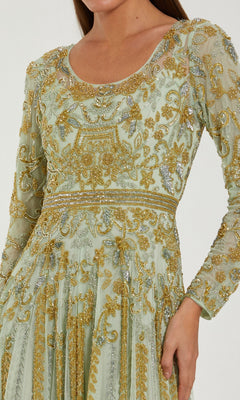 Wearing the Long Formal Dress: Mac Duggal 6201 in light green, which features intricate gold embroidery, gold beaded embellishments, long sleeves, and a fitted waist, creates an elegant and modest formal look.