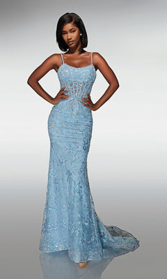 A woman poses against a plain light background in the Long Prom Dress: Alyce 62017, a fitted light blue gown with decorative beading and thin straps.