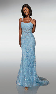 Woman wearing the Alyce 62017 long prom dress in light blue, featuring a fitted silhouette, sequin embellishments, and spaghetti straps, posed against a plain gradient background.