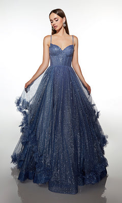 A woman poses in the Alyce 62032 Long Prom Dress in Storm Cloud, featuring a fitted bodice, thin straps, and a floor-length glitter tulle skirt with ruffles against a plain background.