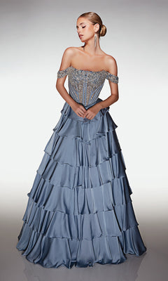 A woman wears the Alyce 62035 long prom dress in French Blue, featuring a beaded corset bodice and a flowing satin tiered skirt.