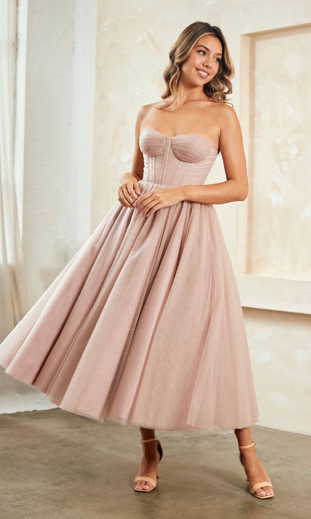 Tea-Length Strapless A-Line Semi-Formal Dress in Pink Dusty Rose / 4