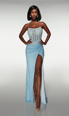 A woman poses against a plain background in the Alyce 62047 long prom dress, featuring a blue strapless design with floral appliques on the bodice, a thigh-high slit, and nude heels.