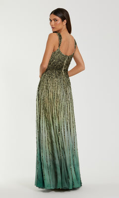 A woman stands against a plain background, looking over her shoulder in the Mac Duggal 6205 long formal dress, featuring a sleeveless ombre design, a-line skirt, and intricate beading.