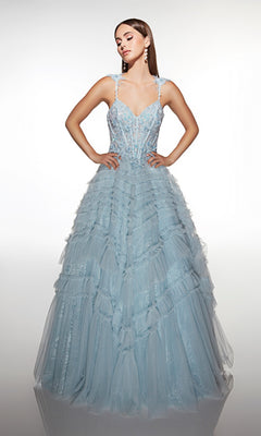 A woman stands with hands on hips against a plain background, wearing the Alyce 62058 long formal dress in sky blue, featuring a lace bodice and layered tulle skirt.
