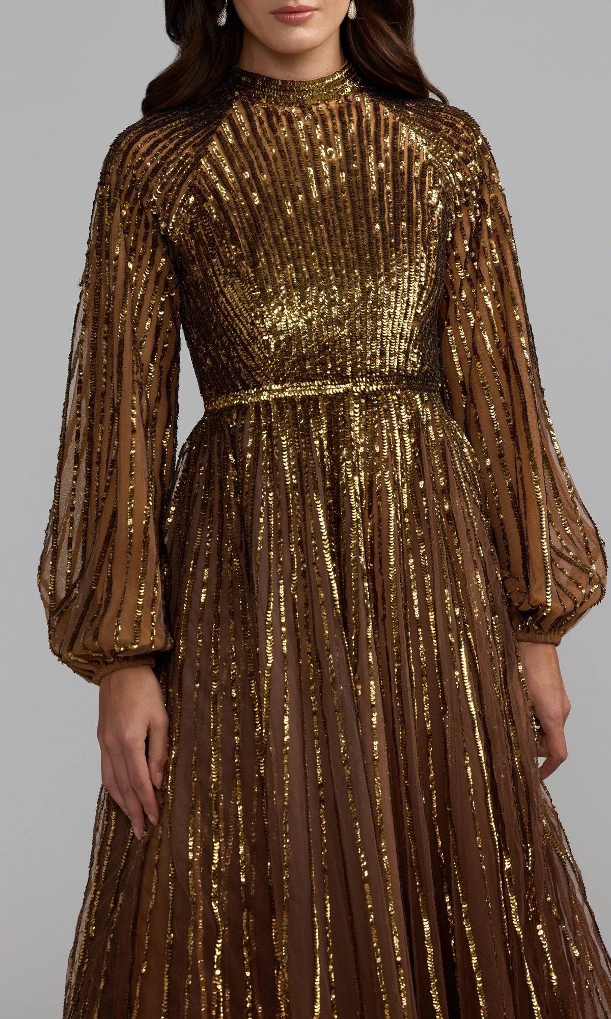 brown sparkly long sleeve dress Mac Duggal - Blue Ombr Sequin A-Line Gown catching embellished design and