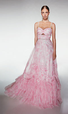 A woman wears the Alyce 62063 long formal dress in pink, featuring thin straps, a fitted bodice, and a layered ruffled skirt—an elegant prom choice.
