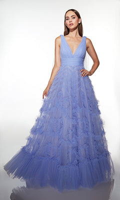 A woman poses in a periwinkle Alyce 62079 long prom dress with a sleeveless deep V-neckline and flowing A-line tulle skirt, set against a plain white background.