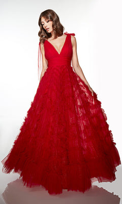 A woman wearing the Alyce 62079 Long Prom Dress in Red Velvet, featuring a sleeveless design, deep V-neckline, and full layered A-line floor-length skirt, stands against a plain white background.