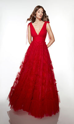 A woman models the Long Prom Dress: Alyce 62079, a floor-length, sleeveless red tulle gown with a deep V-neck and full A-line skirt, set against a plain white background.