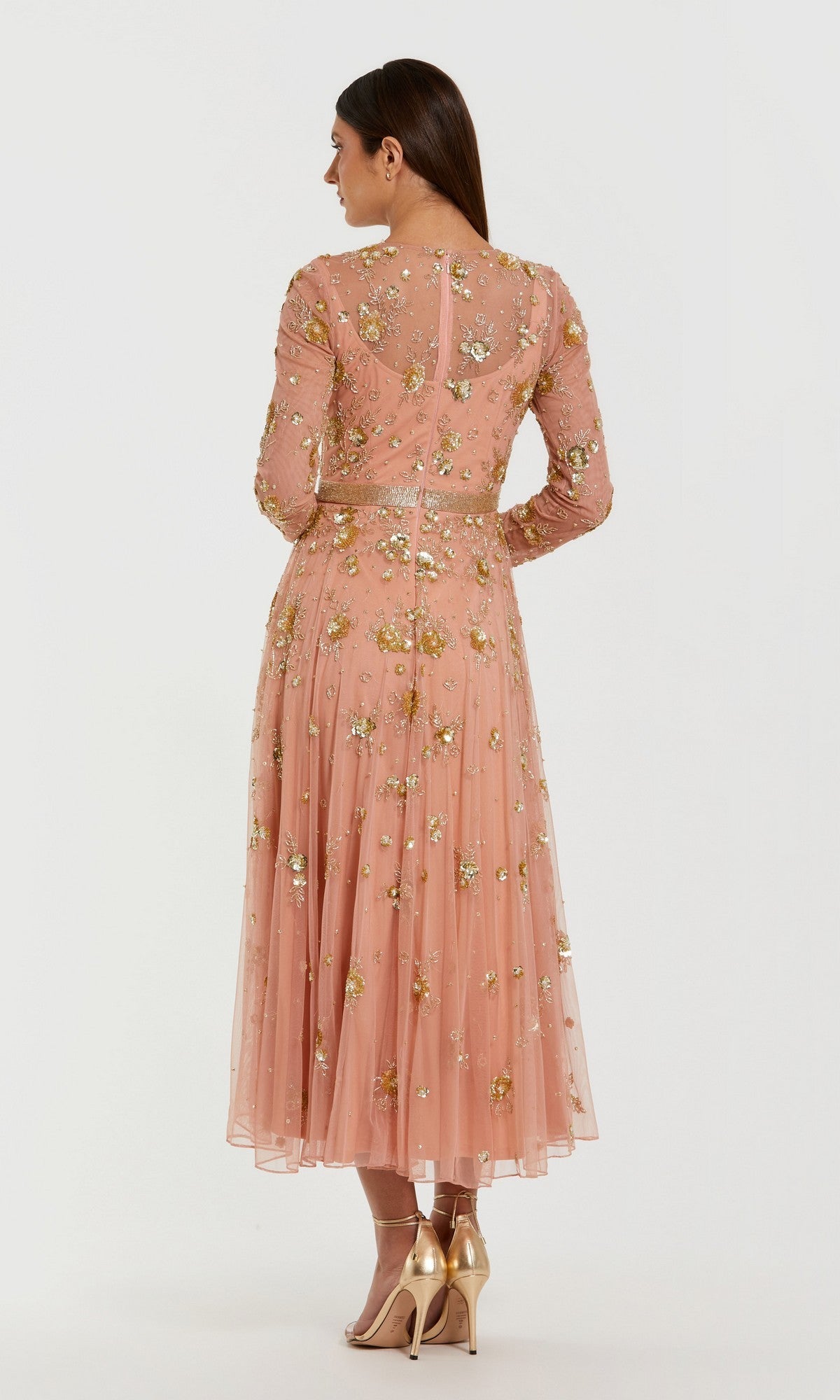 flowy midi dress for wedding Beige Beaded Long Sleeve A Line evening jacket White Fit and Flare Size:us:6 The full