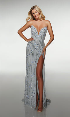 A woman models the Alyce 62086 long prom dress—a strapless silver sequin gown with a plunging neckline and high slit—against a simple light background.
