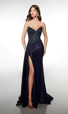 A woman models the Alyce 62092 long prom dress, featuring a dark blue strapless design with a high-leg slit and a shimmering beaded-lace corset bodice, set against a plain light background.