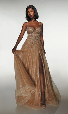 A woman poses against a plain light background wearing the Alyce 62093 Long Prom Dress—a shimmering gold beaded corset dress with thin straps, a fitted bodice, and a high slit.