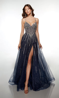 A woman models the Alyce 62093 long prom dress in midnight, featuring thin straps, a deep neckline, silver embellishments, a high leg slit, and a floor-length skirt against a plain white background.